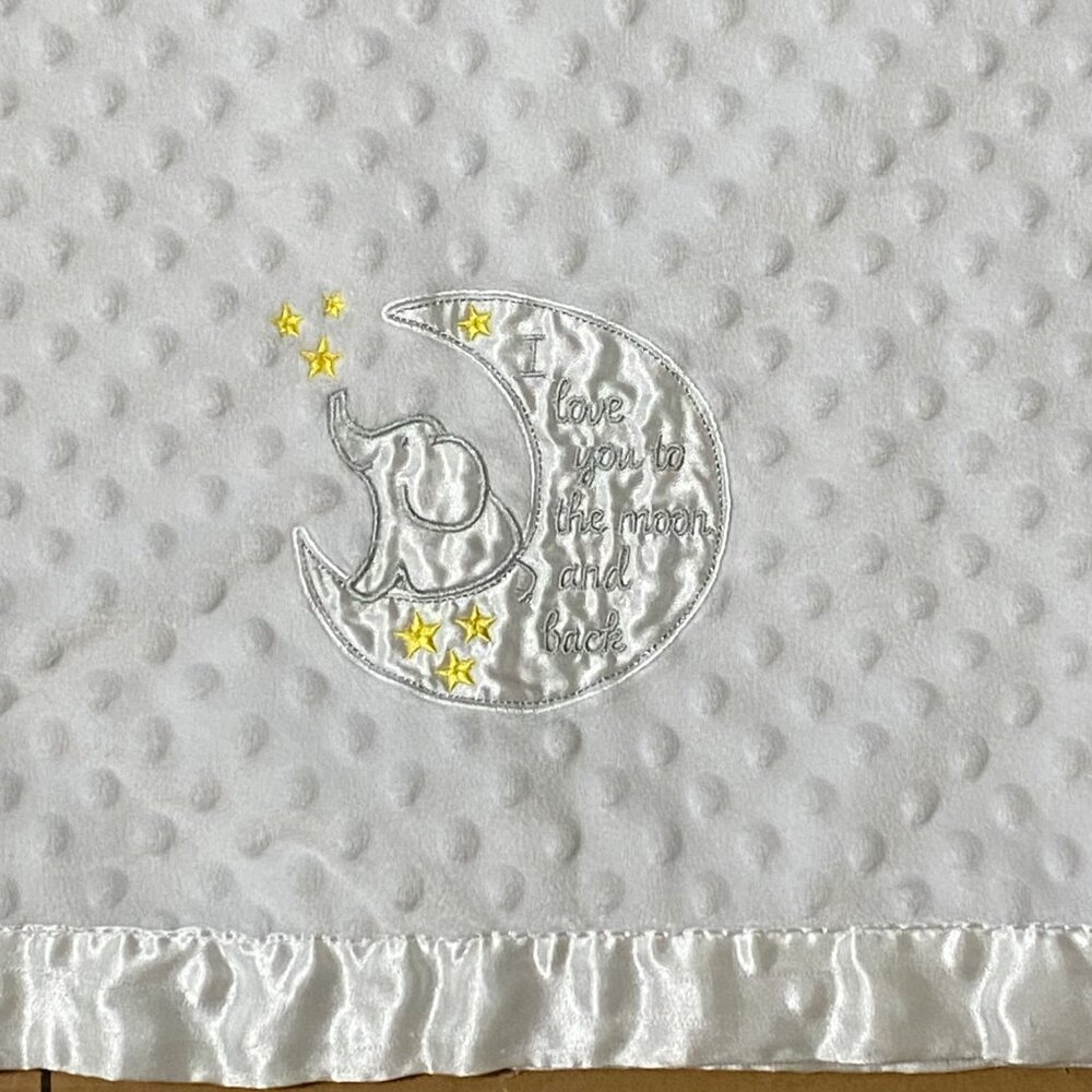 Baby Starters‎ White Blanket Soft Minky Dot and Satin 30x40 Elephant Moon Stars